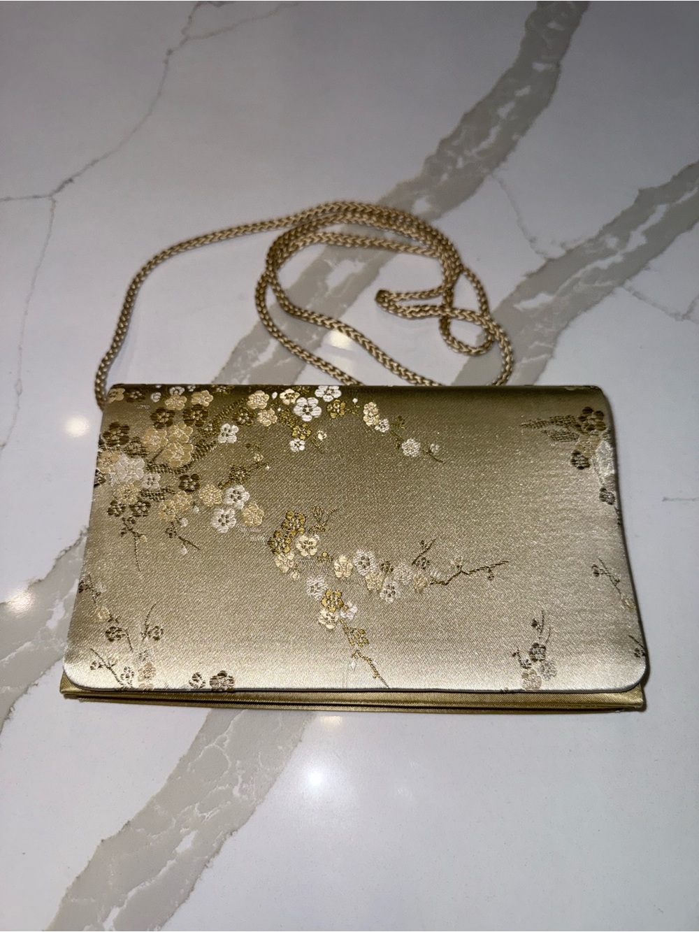 Another Y & S original Satin Gold Floral Evening Clutch with Chain Strap Vintage